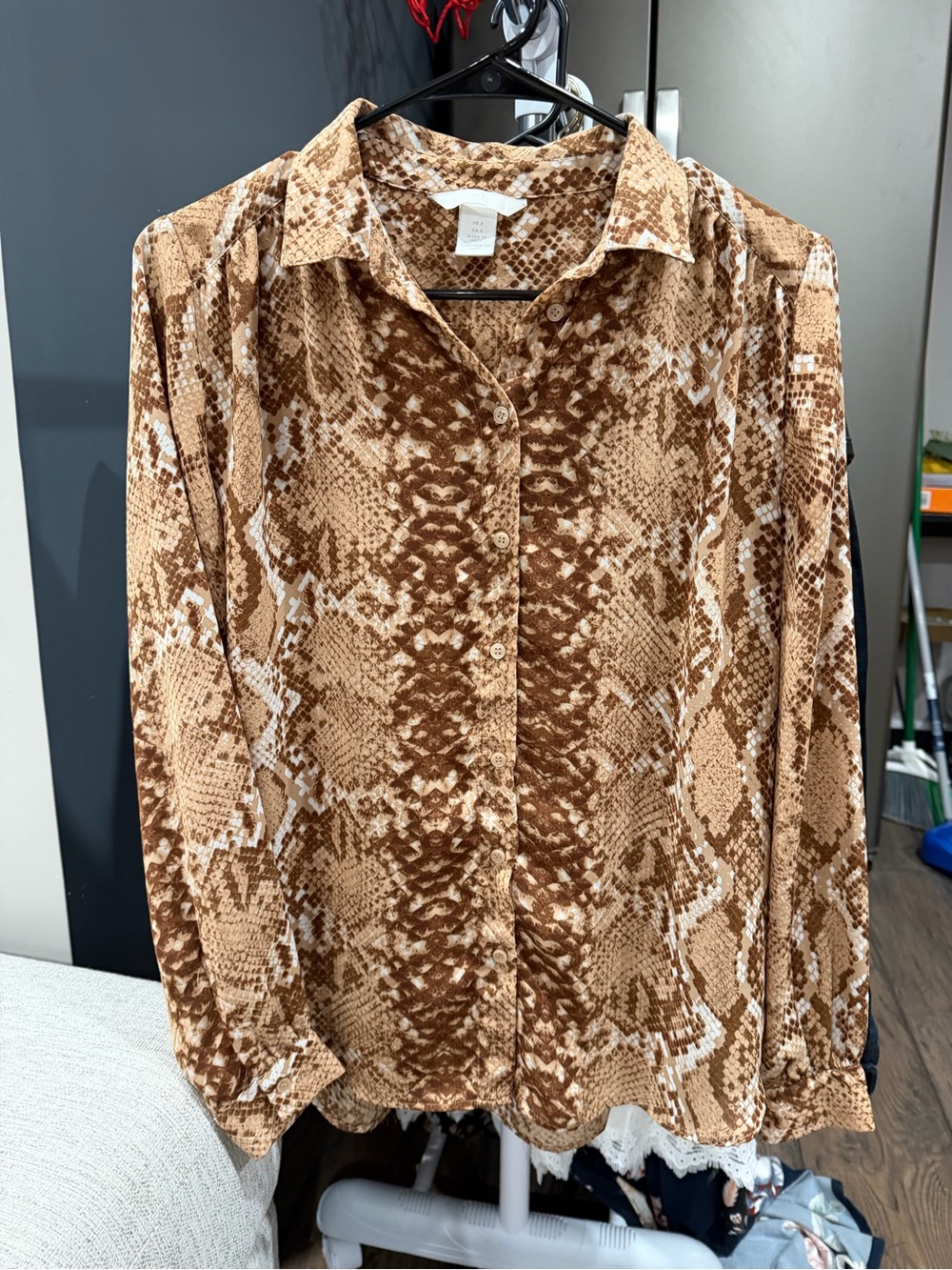 H&M Brown Snake-Print Long Sleeve Button-Down Shirt
